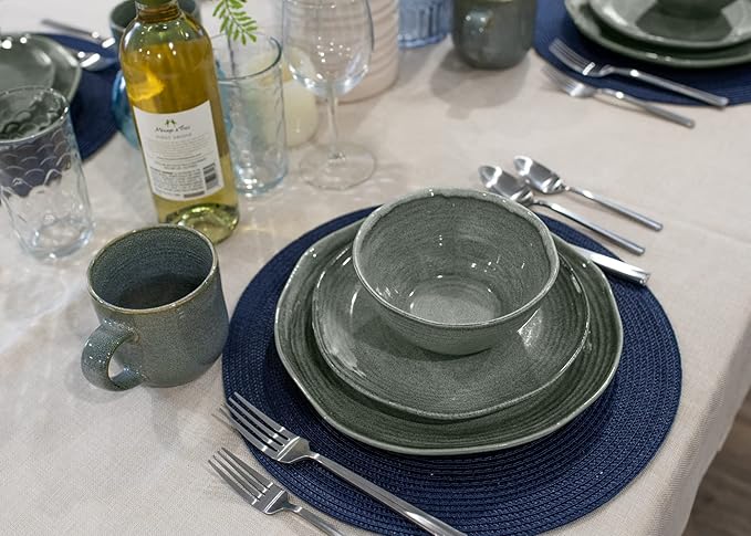 Elanze Designs Reactive Glaze Farmhouse Rustic Boho Ceramic Stoneware Dinnerware 16 Piece Plate Bowl Mug Dish Set - Service for 4, Ocean Teal Blue