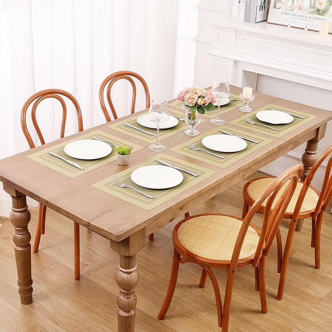 SHACOS Woven Vinyl Placemats Set of 6 Wipe Clean Place Mats for Dining Table Heat Resistant PVC Weave Table Mats Indoor Outdoor (6, Frame Beige)