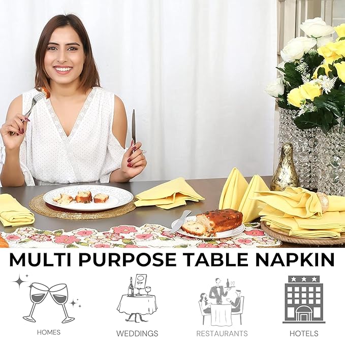 Bedding Craft Cotton Dinner Cloth Napkins Set of 12 – 18x18 Sand Yellow – Reusable & Machine Washable Fabric Napkins for Weddings, Restaurants & Everyday Dining