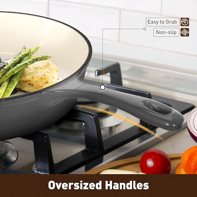 DishDelight Enameled Cast Iron Cookware Set, 7 Piece Set of Dutch Ovens, Sauce Pan, Skillet, 3 Lids, Ceramic Coated Cast Iron Dutch Oven Set, Round Dutch Oven Pot for Sourdough Bread Baking, Gray