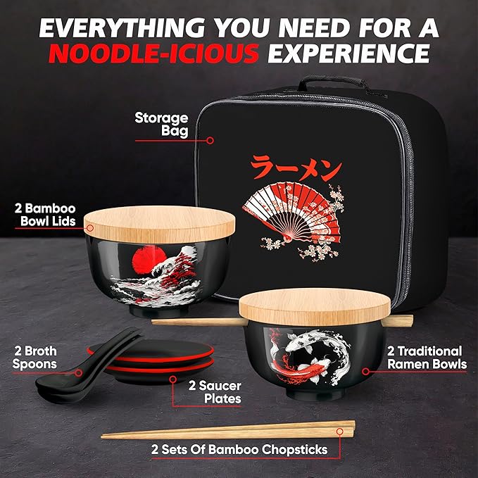 Japanese Ramen Bowl Set of 2-20 Pcs, 32 Oz Ceramic Microwaveable & Dishwasher Safe Large Noodle Bowls with Lid & Built-In Chopstick Holder, Pho, Udon, Thai, Korean, Rice - 6.5 Inch