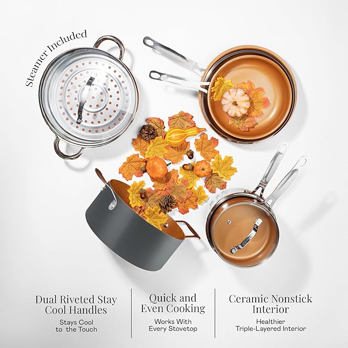 Gotham Steel 15 Pc Ceramic Cookware Set, Ceramic Pots and Pans Set Non Stick with Cooking Utensils and Steamer, Non Toxic PFOA PFOS Free, Premium Stay Cool Handles, Oven & Dishwasher Safe