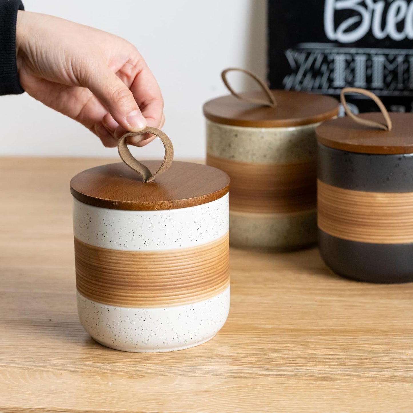 Large Storage Containers with Lids, Ceramic Coffee Container Kitchen Food Storage Jars for Spice Sugar Tea Bag, Stackable Decorative Jars for Counter, White & 61 fl.oz