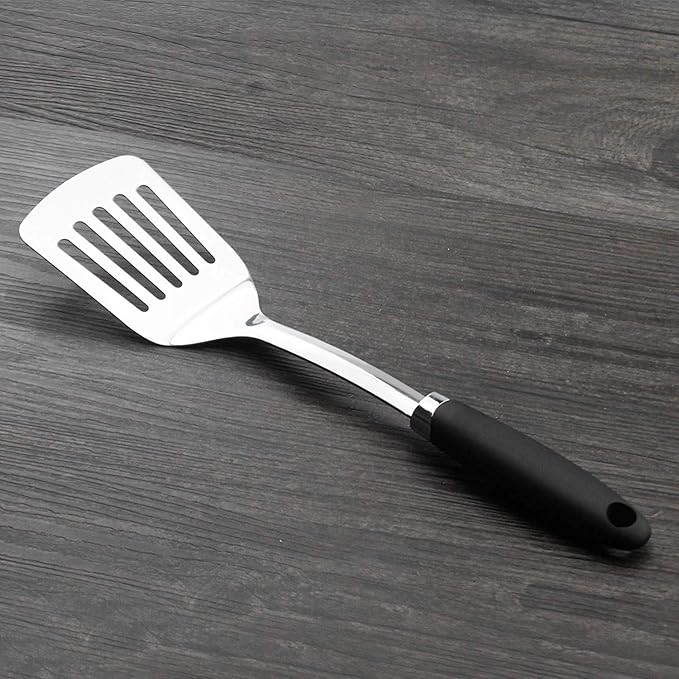 Brushed Slotted Stainless Steel Turner, Non-Slip Spatula with Ergonomic Handle