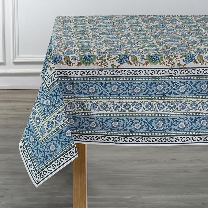 Ridhi Asparagus Green Floral Tablecloth 48x102 Inch Cotton Rectangular Tablecover Hand Block Print Washable Reusable Boho Dining Table Cloth for Wedding Thanksgiving Holiday Decor