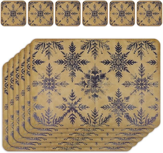 Le courant 16.9in 6PACK Christmas Blue Snowflake Placemats with 6 Coasters, Reversible Faux Leather Easy Clean Waterproof Stain Resistant Place Mats, for Home Party Dining Holiday Table Decor
