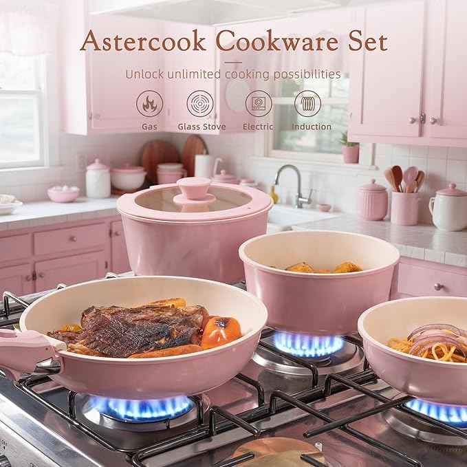 Astercook 21 Pcs Pots and Pans Non Stick Ceramic Cookware Set, Detachable Handles, RV Kitchen Cooking Set, Oven Safe, Induction Ready, Stackable, Pink