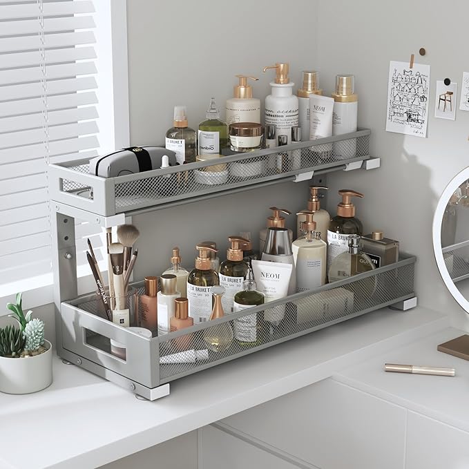 2 Pack 19IN Depth Under Sink Storage Organizer, Large 2-Tier Elegant Mesh Pull Out Shelf for Kitchen and Bathroom Cabinet Organization, L-Shaped and Adjustable Height Design-Gun Gray