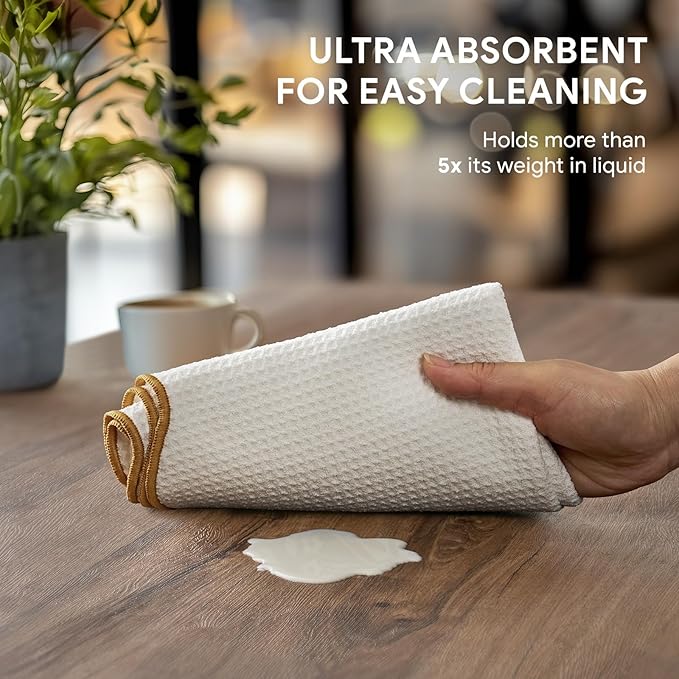 RECYCO Waffle Kitchen Towel Set of 2 - Quick Dry Microfiber Sustainable Dish Towels - Ultra Absorbent Reusable Cleaning Tea Towels - Lightweight Hand Towels,16”x 28”, Gold Yellow