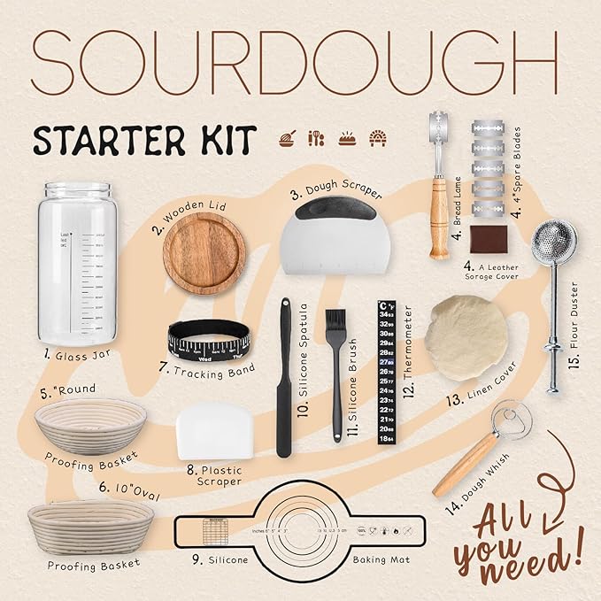 Sourdough Bread Baking Supplies and Starter Kit (2 rattan Banneton Bread Proofing Baskets and a jar)