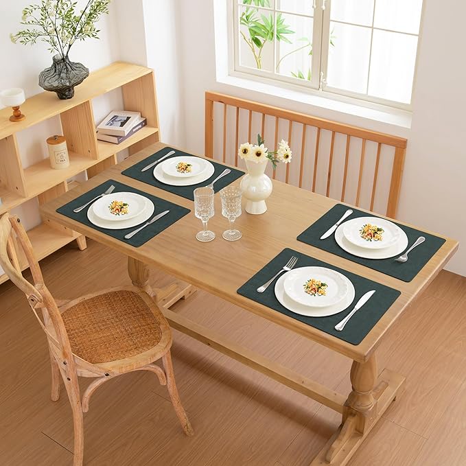FROMHEART Faux Leather Placemats Set of 8–Waterproof,Heat/Oil Stain-Resistant PU Table Mat–Reversible,Non-Slip,Easy to Clean Place Mats for Kitchen,Dining,Indoor/Outdoor,(Dark Green,11.8" x 17")
