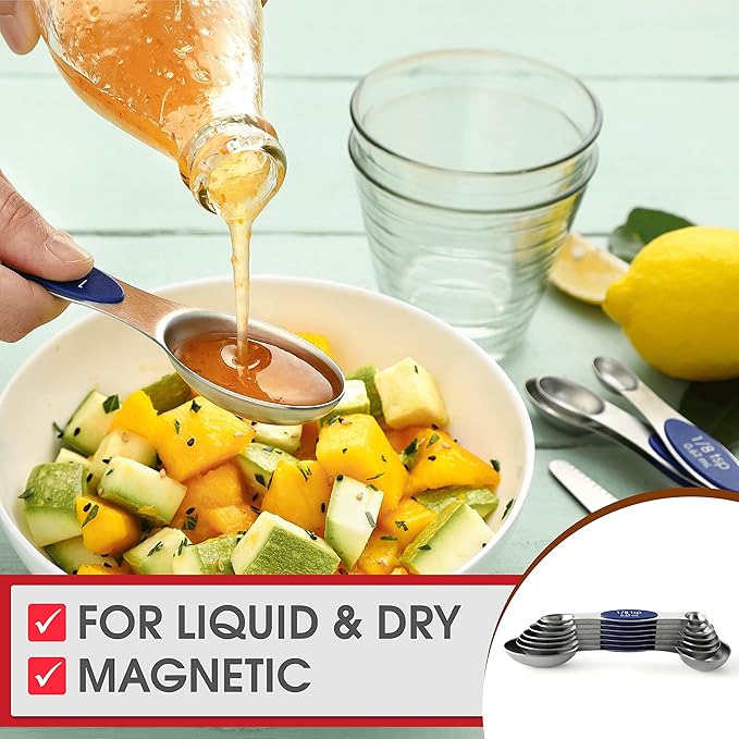 Spring Chef Stainless Steel Magnetic Measuring Spoons Set of 8 with Leveler, Heavy Duty Teaspoon & Tablespoon Measuring Spoons With Strong N45 Magnets, Kitchen Gadgets for Baking & Cooking - Sapphire