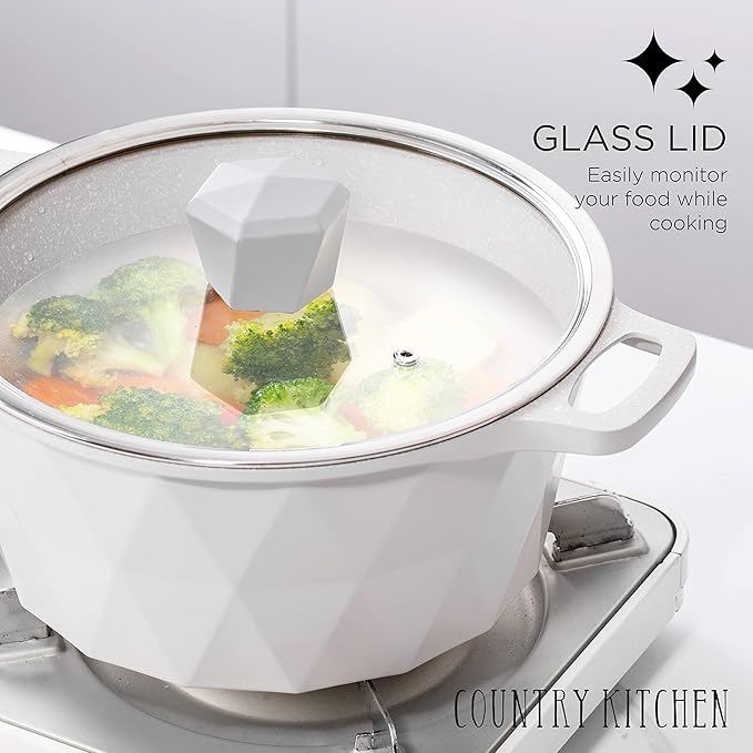 Country Kitchen Non-Stick Cast Aluminum Cookware Set - Durable Kitchen Cookware for Everyday Cooking, Cream Diamond, 11 Pc.