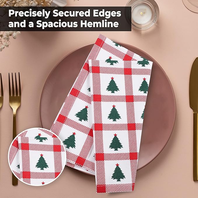 Urban Villa Christmas Cloth Napkins 100% Cotton Absorbent Dinner Napkins Tree Print (Set of 12) 20x20 Inches Soft Durable Washable Ideal for Everyday Use Wedding Parties Cloth Napkins