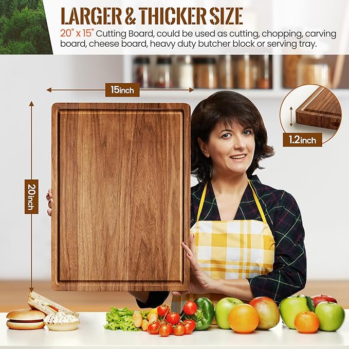 X-Large Acacia Wood Cutting Board for Kitchen, 20x15x1.2 Inch Reversible Wooden Chopping Board Thick Charcuterie Board with Juice Grooves and Handle for Meat, Cheese, Vegetables, Fruits, Bread