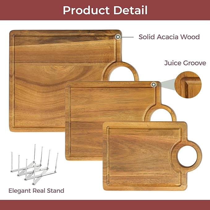 Acacia Wood Cutting Boards set of 3 with Juice Groove ＆ Handle Thickened Design Including Large(Chopping)/Medium(Prep)/Small(Serving) Multi-functional for Kitchen or Serving Tray