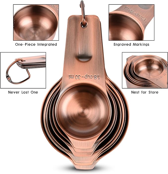Measuring Cups and Spoons Set, Copper Plated Measuring Cups Spoons, Stainless Steel 7 Measuring cups and 9 Measuring Spoons 1 Leveler for Baking and Kitchen, Metal Copper Measure Cups&Spoons