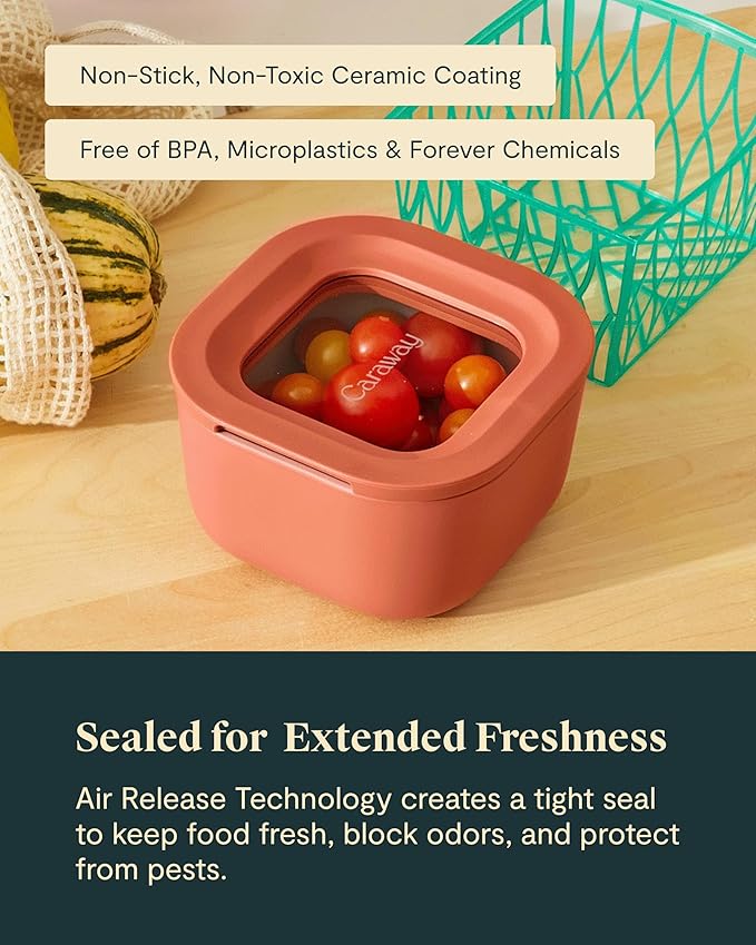 Caraway 2pc Glass Food Storage Set - 1.75 Cup Food Containers (2) - Non-Toxic Ceramic-Coated Glass - Air Release Technology - Compact & Stackable Design - Cream