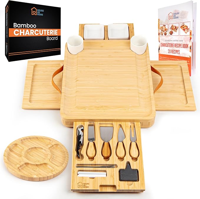 Large Bamboo Charcuterie Boards Gift Set with 4 Hidden Drawers, Cheese Knives, Ceramic Bowls & Plates, Recipe Book, Perfect House Warming Gifts New Home