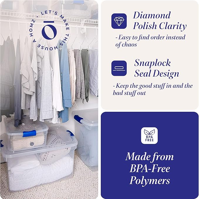 HOMZ 4-Pack Latching Lid, Small Clear Plastic Storage Bins w/ Lids, 15.5 Quart, Blue Latch - Stackable Container Boxes for Home, Bathroom, and Office Organization