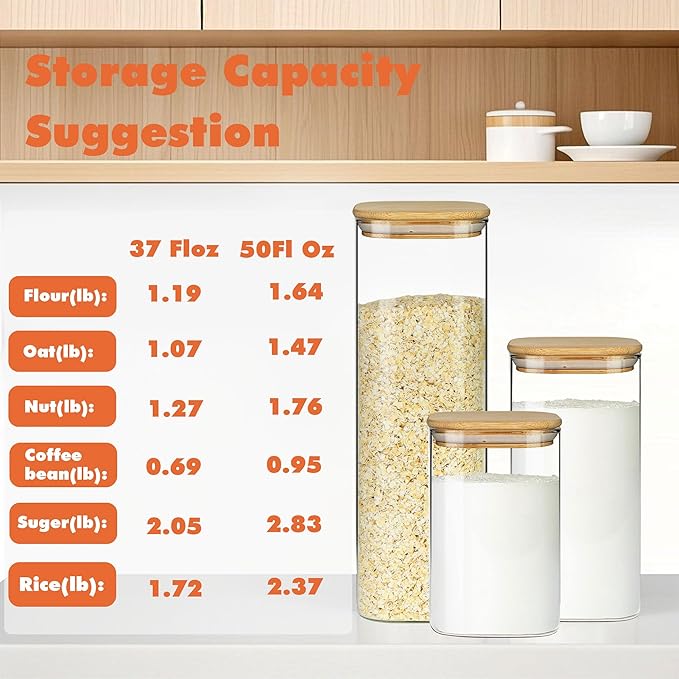 Glass Storage Containers with Airtight Bamboo Lids Set of 4,Pantry Food Storage Container,Perfect for Kitchen Organization-Flour, Rice, Pasta, Sugar, Coffee Beans, Accessories Included (4 packs(50oz))