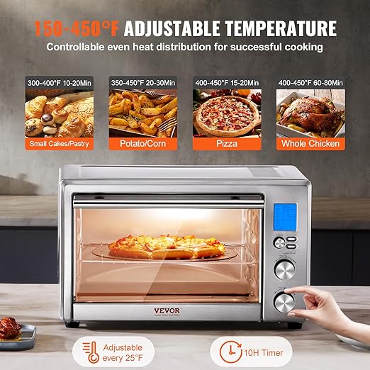 VEVOR Convection Toaster Oven, 28L/29.6Qt Large 10-IN-1 Multifunctional Convention Oven Countertop, 150F-450F Adjustable Compact Smart Oven with Trays Wire Racks Gloves, for Home Kitchen RVs etc
