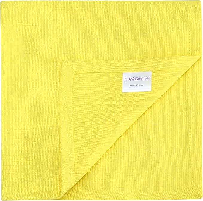 PurpleEssences Set of 12 Cloth Dinner Napkins 100% Cotton 18x18 Inch - Soft Durable Washable - Ideal for Farmhouse Party Christmas Holiday Winter - Perfect Everyday Use Table Linen - Yellow