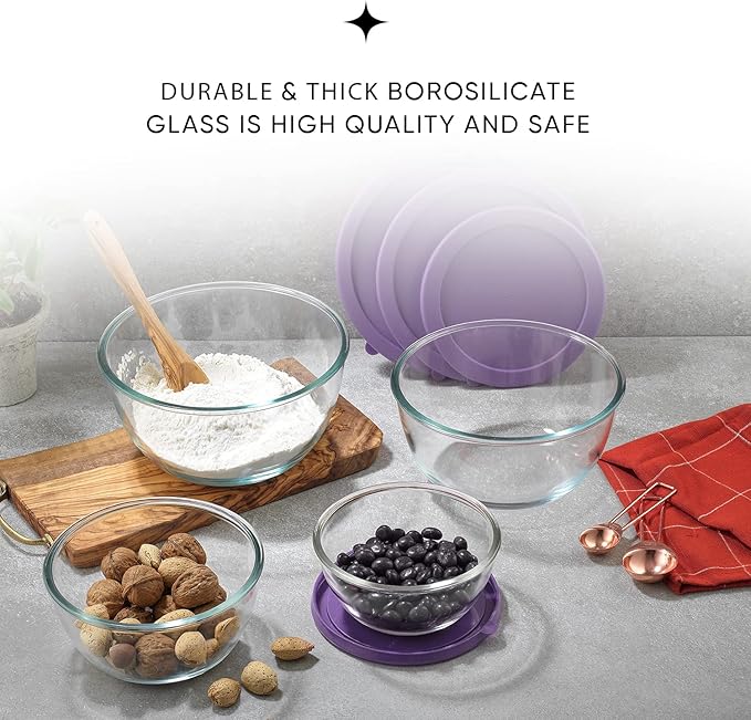 JoyJolt Very Peri 8pc Glass Mixing Bowls with Lids Set - Large Nesting Bowls, 2 Qt, Durable, Dishwasher & Microwave Safe