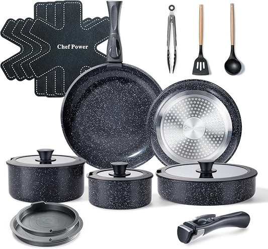 Chef Power Ceramic Nonstick Cookware Set 19 Piece with Detachable Handle, Induction Dishwasher Oven Safe Pans and Pots Set, RV Kitchen Set Removable Handle, Rock Stone Black