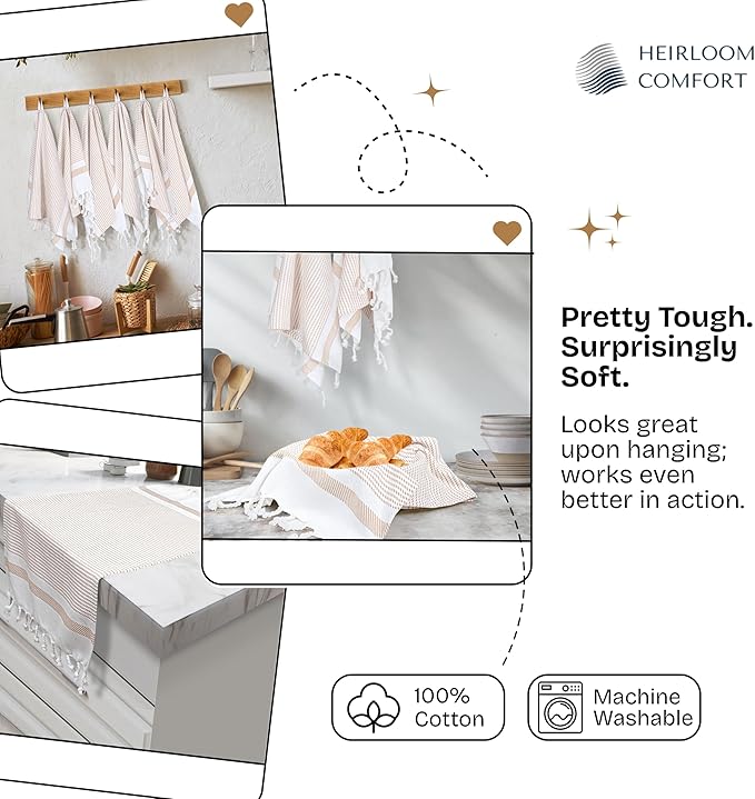 Beige Turkish Kitchen Towels 16x26 Inch, 3 Pack, 100% Cotton, Ultra Absorbent, Soft, Fast Dry, Machine Washable, Dish Towel with Tassels for Drying Dishes, Cleaning, Everyday Use