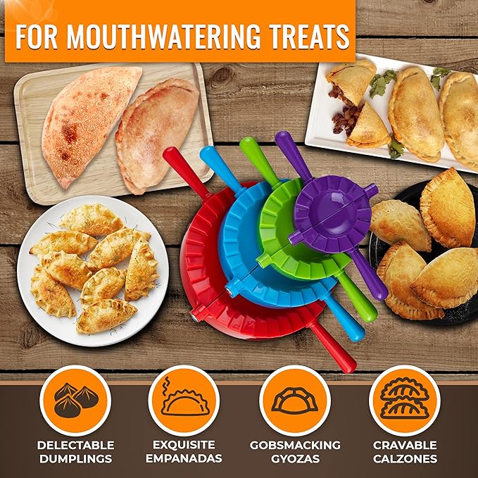 Magic Dumpling Maker Kit, Set of 4 - Mold Ravioli, Empanadas, Momos, Gyozas, Pot Stickers, Jamaican Beef Patties, Pierogi and Calzones - Wonton Dough Press and Pasta Making Tools