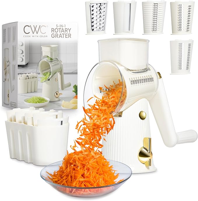 COOK WITH COLOR Rotary Cheese Grater with Handle - Counter Cheese Grater Suction Base with Hand Crank - 5 Blade Cheese Shredder - Easy to Use Manual Vegetable Chopper and Mandolin