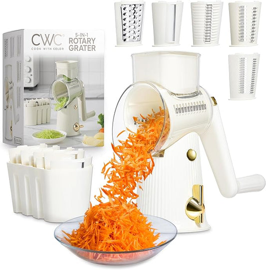 COOK WITH COLOR Rotary Cheese Grater with Handle - Counter Cheese Grater Suction Base with Hand Crank - 5 Blade Cheese Shredder - Easy to Use Manual Vegetable Chopper and Mandolin