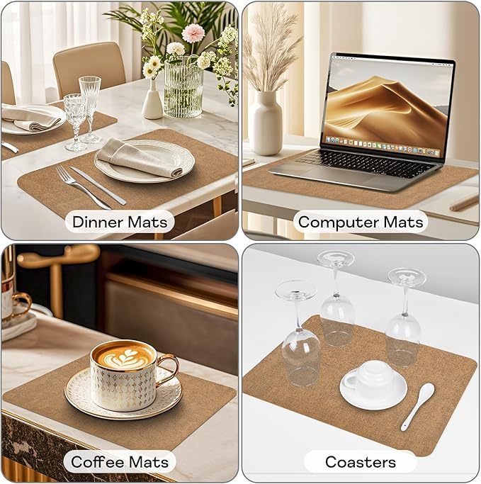 Vinly Placemats Set of 6 - Waterproof Wipeable Faux Leather Table Place Mats Heat Resistant Anti Slip Table Mats for Dining, Indoor, Outdoor, 15.8" x 11.8" (Light Brown)