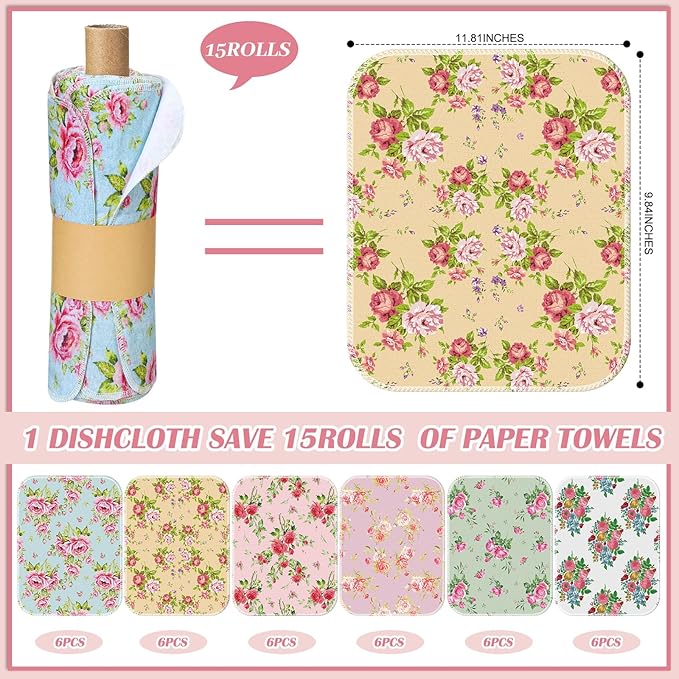 36 Pack Reusable Cleaning Cloths Washable Cotton Kitchen Dish Towels for Home Christmas Party Supplies Bulk, 9.84x11.81in (Countryside Flowers)