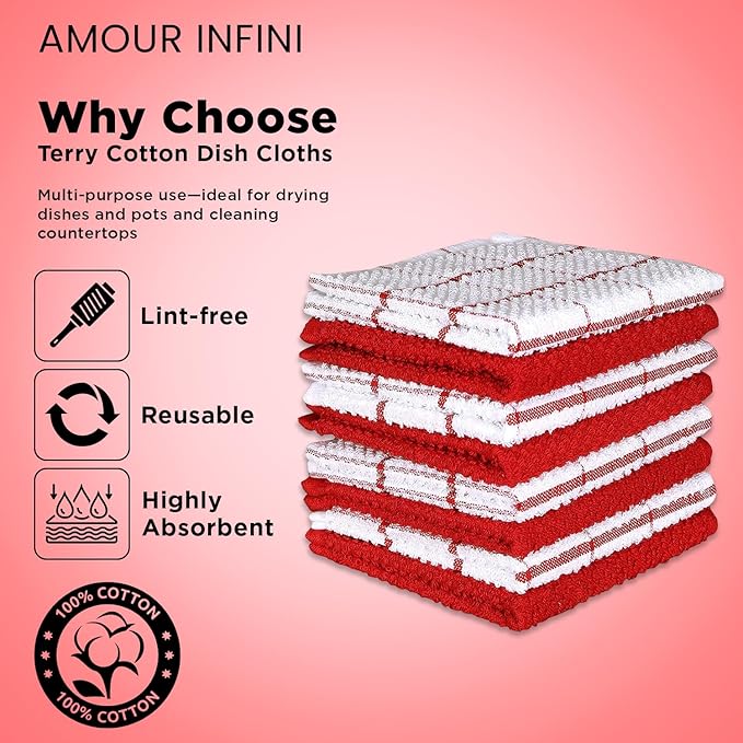 AMOUR INFINI Cotton Kitchen Dish Cloths Set of 8 – Highly Absorbent, Super Soft Premium Terry Cleaning Cloth (12"x12" Inch) Premium Dishcloths for Washing Dishes (Red)