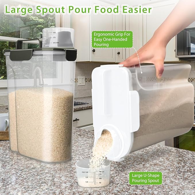 Rice Storage Container, 5 to 10lb Dry Food Airtight Dispenser, Pet Dog Cat Food Canister, BPA Free Clear Plastic Kitchen and Pantry Bin for Oatmeal, Cereal, Pasta, Flour Pack of 2 Grey