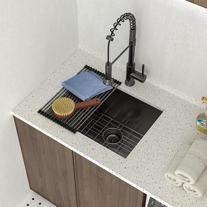 Lordear 24 Black Laundry Sink Stainless Steel - 24" x 19" x 13" Undermount Sink Single Bowl 16 Gauge Stainless Steel Deep Laundry Room Utility Sinks Handmade Under Counter Kitchen Basin,Gunmetal Black