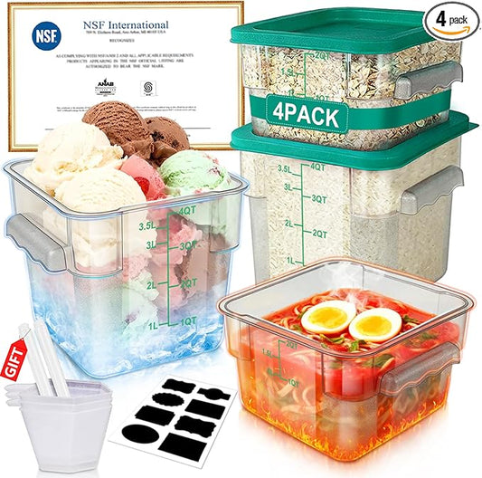2QT&4QT NSF Food Storage Containers with Lids: 4 PCS [Total Food Grade][Hot&Cold Resistant] Commercial Clear Food Storage Containers for Restaurant Kitchen Proof Dough, Green