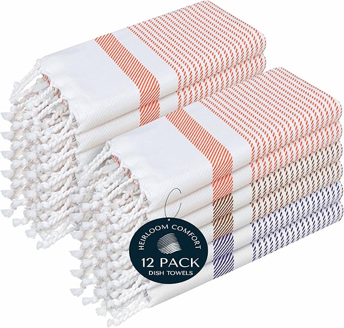Multi Color Kitchen Towels 16x26 Inch, 12 Pack, 100% Cotton, Ultra Absorbent, Fast Dry, Machine Washable, Drying Dishes, Cleaning, Everyday Use - Orange, Brown, Indigo Blue