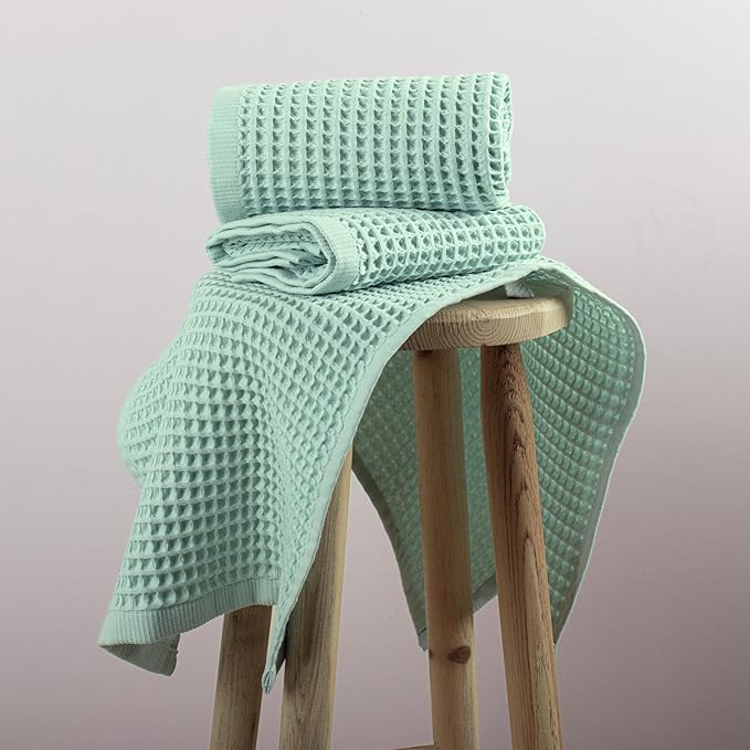 PÜSKÜL Organic Waffle Kitchen Towel 100% Turkish Cotton Set of 3 Ice Green - Premium Quality, Soft, Quick-Dry, Absorbent, Lint-Free Hand Towels 32X16 Inches (3, Ice Green)