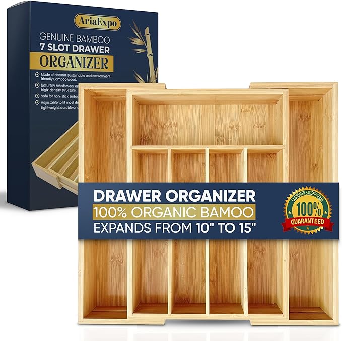 Expandable Bamboo Silverware Organizer Utensil Drawer Organizer Kitchen Utensil Organizer Cutlery Drawer Organizer 5-7 Slot Flatware Organizer For Drawers Gift Box 10-15 inch Length 14 Inch Height