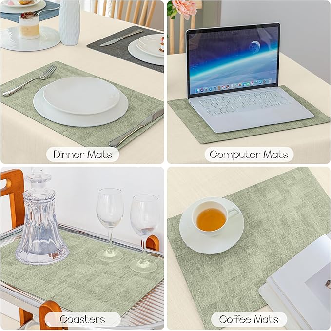 Romanstile Reversible Vinyl Placemats Set of 6, Faux Leather 100% Waterproof Oil-Proof Wipeable Place Mats, Heat Resistant Dual Sided Table Mats for Kitchen/Dining/Party (Grey Green, 12 x 17 Inch)