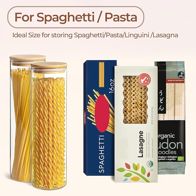 ComSaf Glass Spaghetti Pasta Storage Container for Kitchen Pantry with Lids 41oz Set of 3, Tall Clear Airtight Food Storage Jar with Sealing Wood Cover for Coffee, Sugar, Noodles, Linguini, Lasagna