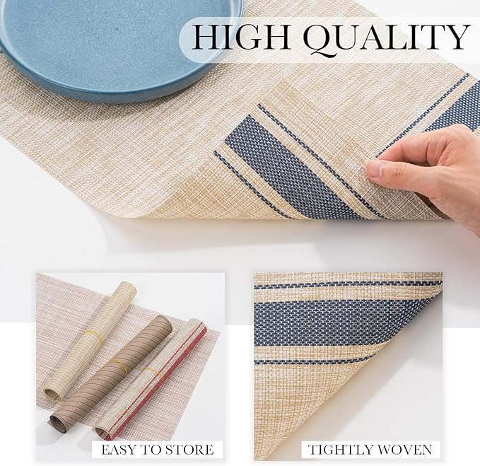 BACKTOEDEN Placemats Set of 6 Heat Resistant Washable Wipeable Placemat Woven Non-Slip Foldable Vinyl/Plastic Place Mats Indoor/Outdoor Mat Kitchen Dining Table Pad, Blue Skyline