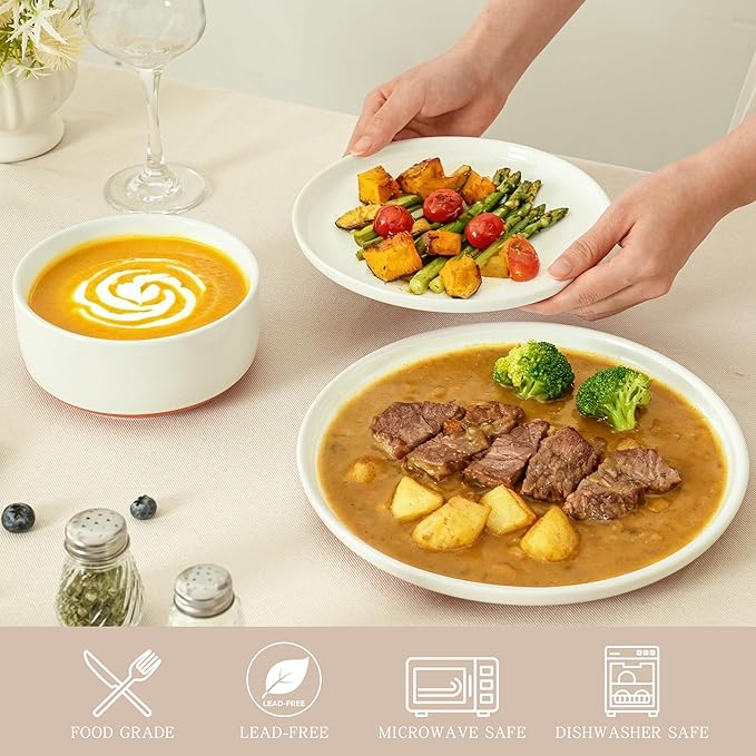 6 Piece Ceramic Dinnerware Set for 2, Modern Minimalist Stoneware Dinner Plates and Bowls, Microwave Safe, Dishwasher Safe, Versatile for All Seasons, Stardust Glaze White