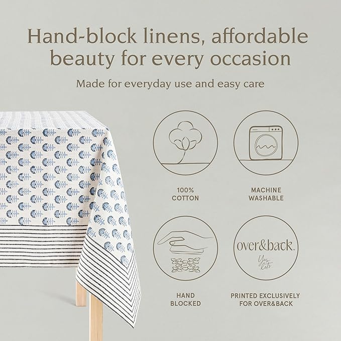 over&back Hand-Screened Tablecloth - Dining Table Cover - Each Tablecloth is Unique - 100% Cotton - Machine Washable - Kitchen and Home Decor - Blue Flower - 70x108