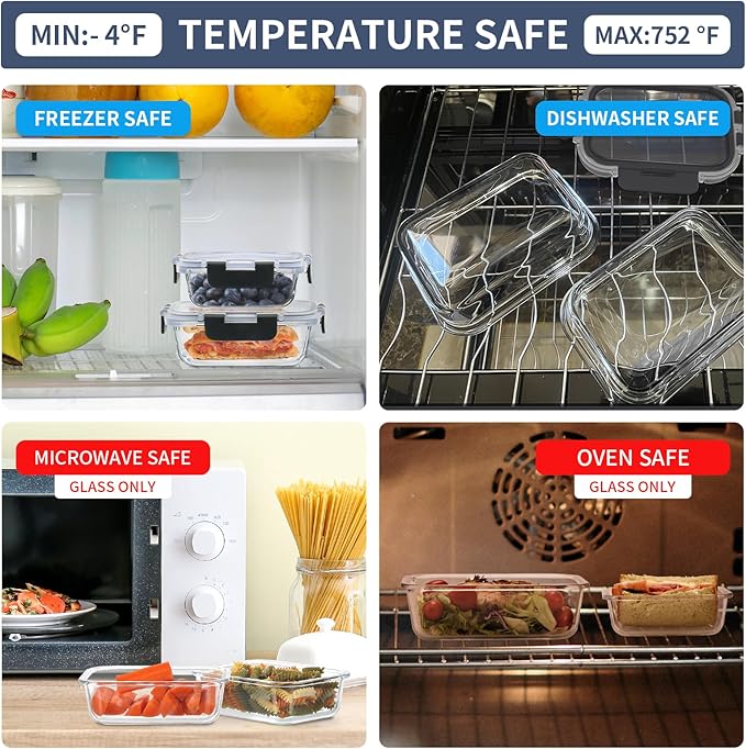 12 Pack Glass Food Storage Containers, Glass Storage Containers with Lids for Meal Prep, Lunch, Airtight, Freezer to Microwave Safe (12 Lids & 12 Containers)