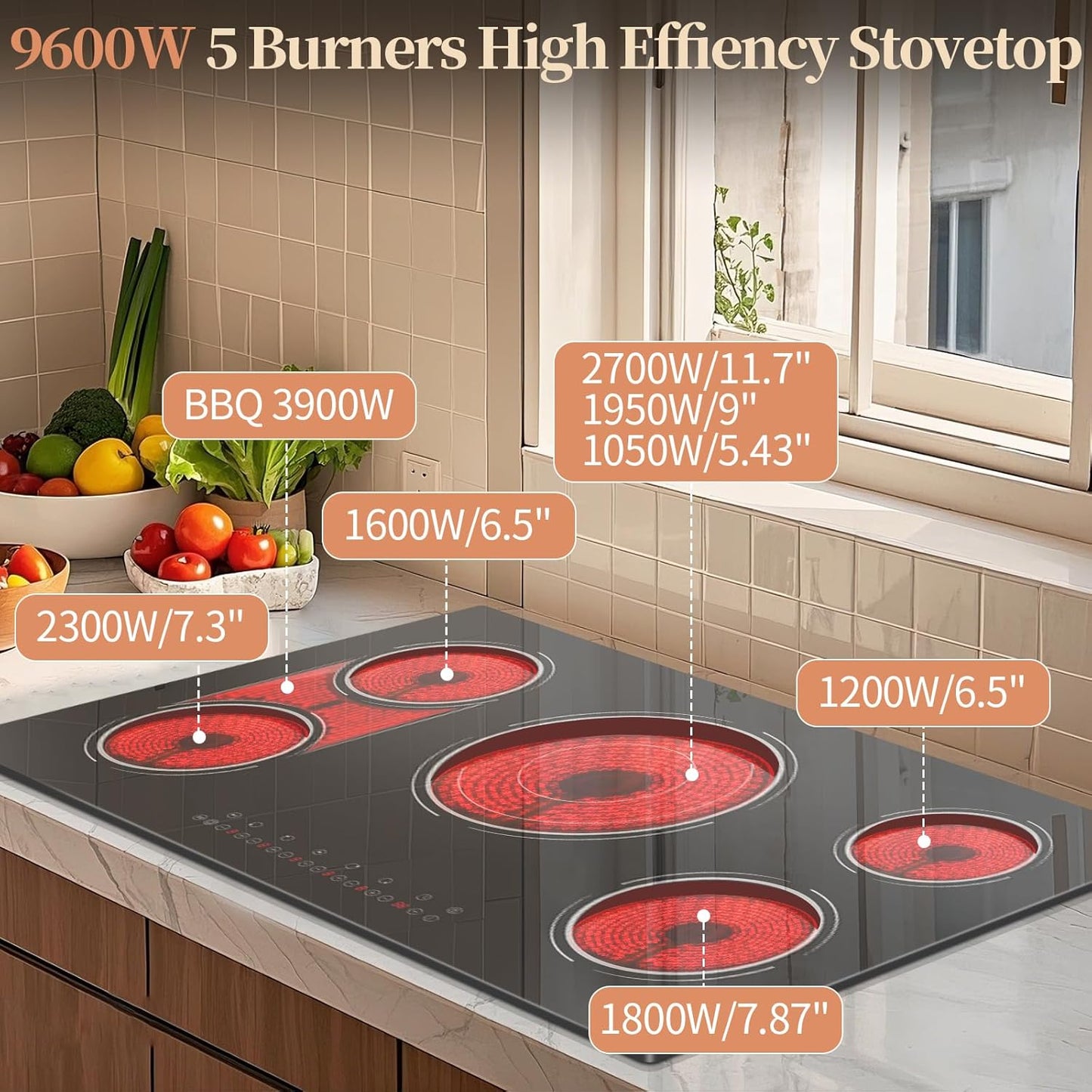 36 Inch Electric Cooktop - 5 Burner Electric Stove Top Powerful 9600W, 36 Inches Built-in Ceramic Stove with Large 3900W Flexible Zone, Timer, Safety Lock, 220V - 240V Hard Wired (No Plug)