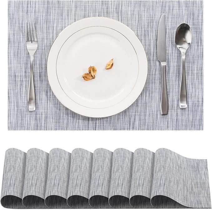BACKTOEDEN Placemats Set of 8 Heat Resistant Washable Wipeable Placemats Woven Non-Slip Foldable Vinyl/Plastic Placemat Indoor/Outdoor Place Mats Kitchen Dining, Gray Silver Line